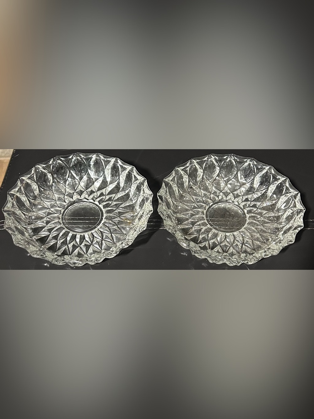2-vintage clear cut-glass or crystal ashtrays with a scalloped rim diamond pat..